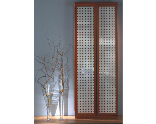 Armoire avec portes à carreaux et décoration avec des branches dans des vases