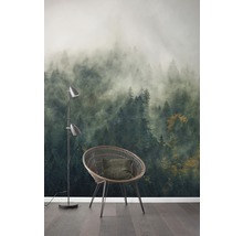 Scène avec papier peint intissé représentant une forêt brumeuse, une chaise et un lampadaire