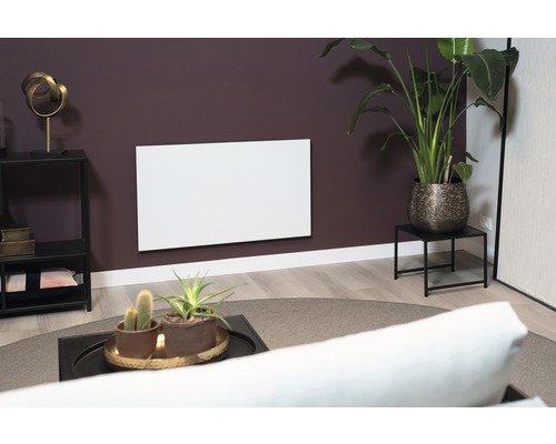 Wohnzimmer mit Heizkörper an der Wand, Tisch und Pflanzen