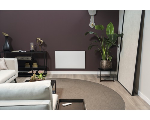 Wohnzimmer mit Sofa, Tisch, Zimmerpflanze und Heizkörper