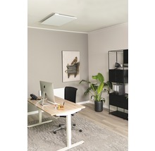 Büro mit Infrarotheizung an der Decke, Schreibtisch und Regalen für ein angenehmes Arbeitsumfeld.