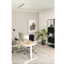 Modernes Büro mit Heizpaneel an der Decke, höhenverstellbarem Schreibtisch und Regal