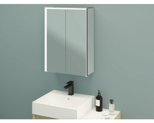 Salle de bains avec armoire de toilette, lavabo et robinetterie