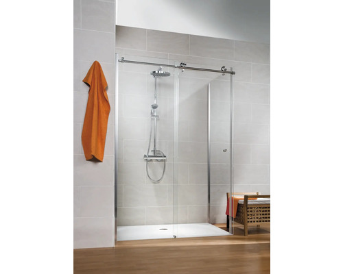 Porte coulissante avec paroi latérale Schulte MasterClass 140x90 cm butée à gauche verre transparent couleur profilé chrome Porte coulissante avec paroi latérale Schulte MasterClass 140x90 cm butée à gauche verre transparent couleur profilé chrome