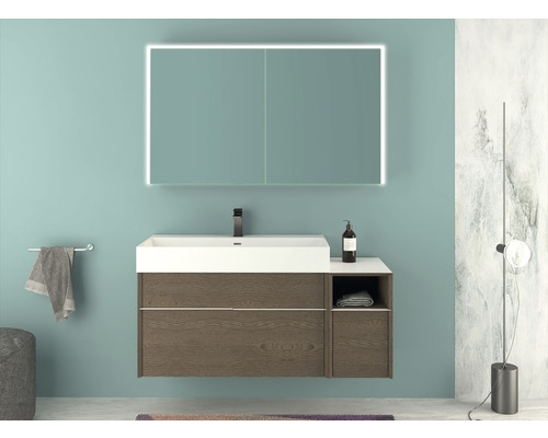 Salle de bain avec meuble sous-lavabo, lavabo et armoire de toilette avec éclairage