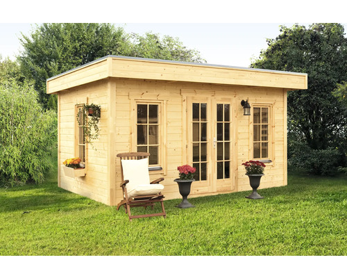 Flachdachhaus SKAN HOLZ Basel 2 mit Fußboden 460 x 440 cm natur Gartenhaus aus Holz mit Fenstern und Doppeltür auf Rasenfläche