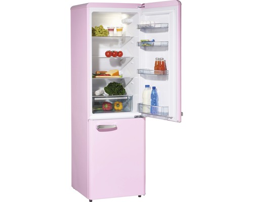 Rosa Kühl-Gefrierkombination mit geöffneter Tür und Lebensmitteln