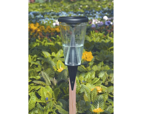 Pluviomètre pour mesurer la quantité de précipitations dans le jardin.