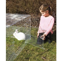 Mädchen öffnet einen Käfig mit einem weißen Kaninchen im Garten