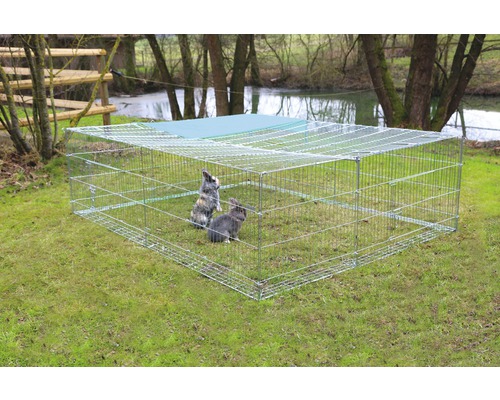 Enclos extérieur avec deux lapins dans le jardin
