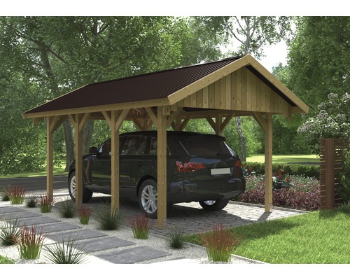 Carport aus Holz mit dunklem Dach und einem Auto