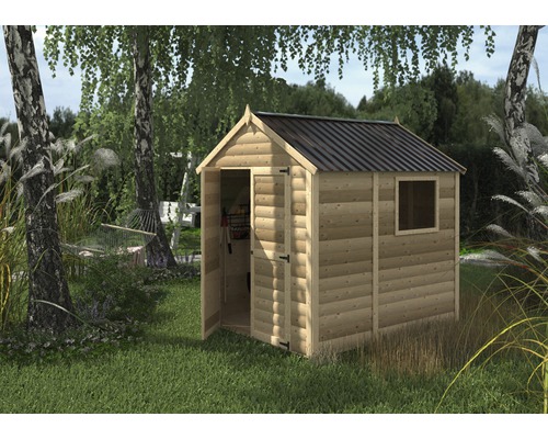 Gartenhaus aus Holz mit Fenster und geöffneter Tür im Garten.