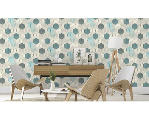 Wohnraum mit einer Wandtapete mit geometrischem Würfelmuster