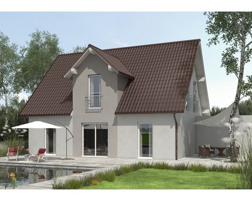 Haus mit braunem Dach, Pool und Terrasse
