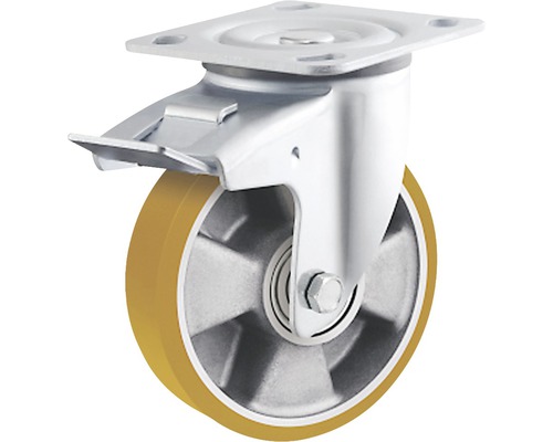Roulette pivotante pour charges lourdes Tarrox ECO 125x50 mm avec jante alu et surface de roulement PU jusqu’à 450 kg, dimensions du plateau 100x85 mm