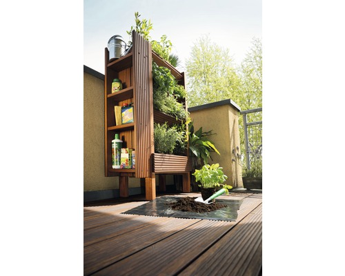 Holzregal mit Pflanzen auf einem Balkon mit Gartenzubehör.