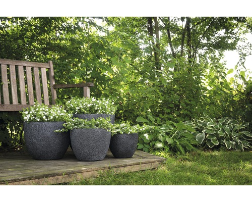 Gartenszene mit Blumen in Pflanzgefäßen auf einer Holzterrasse unter einem Baum