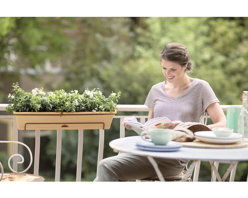 Femme lisant sur un balcon avec jardinière et plantes