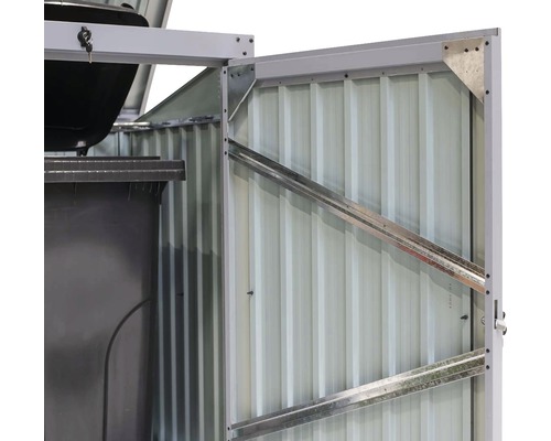 Detailansicht einer Mülltonnenbox mit geöffneter Tür