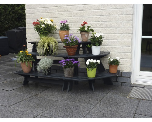 Mehrstufiges Pflanzenregal mit verschiedenen Topfpflanzen im Außenbereich.