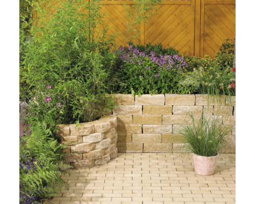 Gartenszene mit Mauer aus Steinblöcken, bepflanzt mit verschiedenen Pflanzen