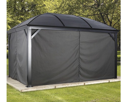 Vorhangset SOJAG Pavillon Moreno und Mykonos 10x14 anthrazit Gartenpavillon mit Vorhängen auf einer Terrasse