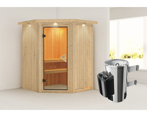 Sauna Plug & Play Karibu Achat II avec poêle 3,6 kW et commande intégrée et couronne avec porte entièrement vitrée coloris bronze