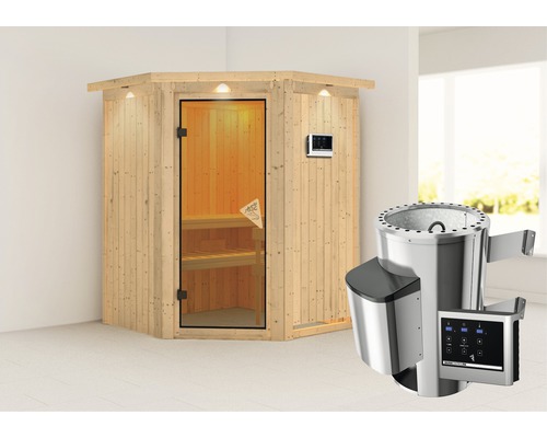Plug & Play Sauna Karibu Achat II inkl. 3,6 kW Ofen u.ext.Steuerung und Dachkranz mit bronzierter Ganzglastüre