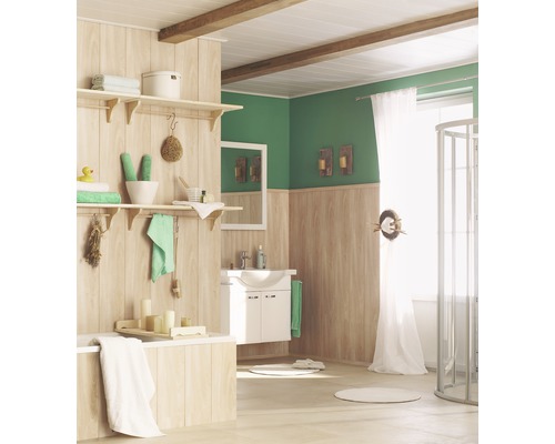 Dekorpaneel Quadro Plus Ems Apfel 12x200x2000 mm Helles Badezimmer mit Holzvertäfelung, Badewanne, Waschbecken und Dusche
