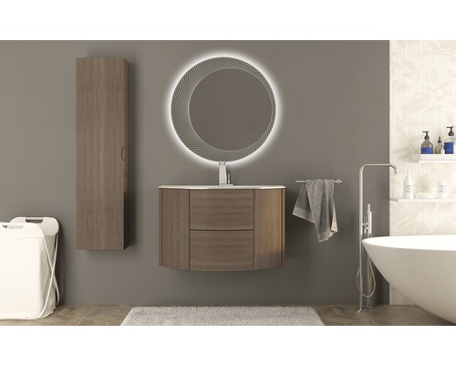 Modernes Badezimmer mit Waschtischunterschrank, Spiegelschrank und Badewanne.