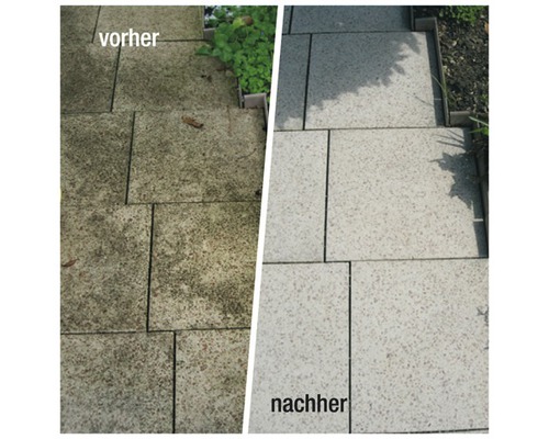 Vorher-nachher-Vergleich von gereinigten Terrassenplatten