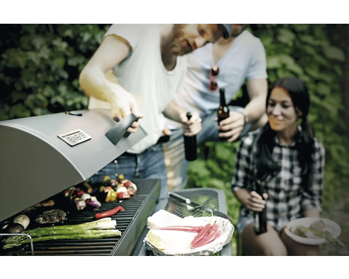 Scène de barbecue avec des personnes, des grillades et des boissons