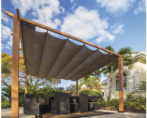Pergola en aluminium, pavillon Paragon Outdoor Florida 10x10 avec voile d’ombrage réglable 320 x 320 cm aspect bois