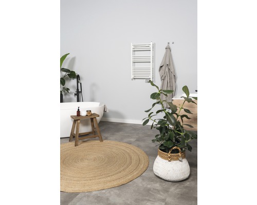 Salle de bains avec baignoire, sèche-serviettes, tapis rond et plantes d''intérieur