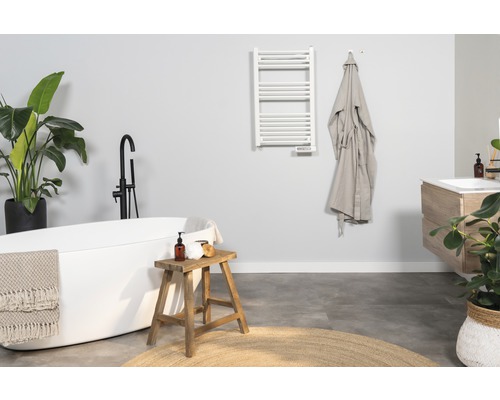 Salle de bains moderne avec baignoire, lavabo, sèche-serviettes et décorations.