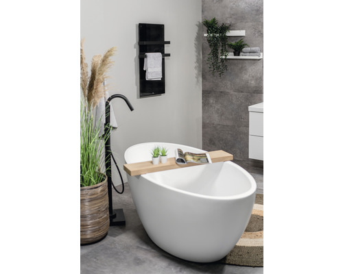 Salle de bains avec baignoire îlot, sèche-serviettes et décoration