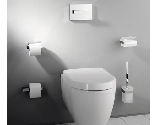 Intérieur de salle de bains avec toilettes, porte-papier toilette, brosse de toilette et boîte à mouchoirs