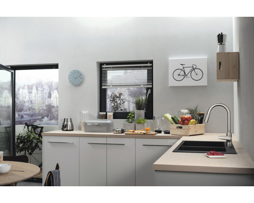 Helle Küche mit Küchenzeile, Spüle, Armatur, Dekoration und Blick ins Freie