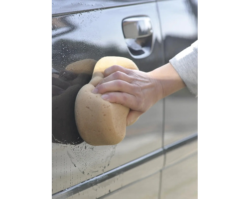 Une voiture est lavée avec une éponge.