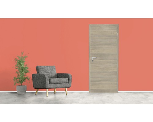 Wohnzimmer mit Tür, Sessel und Topfpflanze