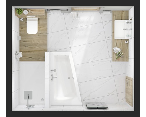 Vue plongeante d''une salle de bains lumineuse avec toilettes, baignoire, douche et lavabo