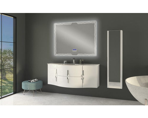 Salle de bains moderne avec miroir éclairé, meuble sous-lavabo, armoire haute et tabouret