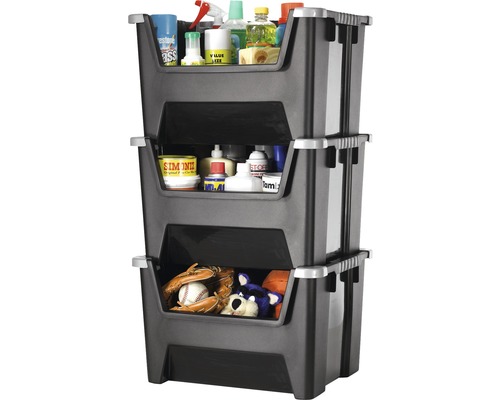 Drei graue Aufbewahrungsboxen aus Kunststoff, gestapelt und gefüllt mit verschiedenen Gegenständen