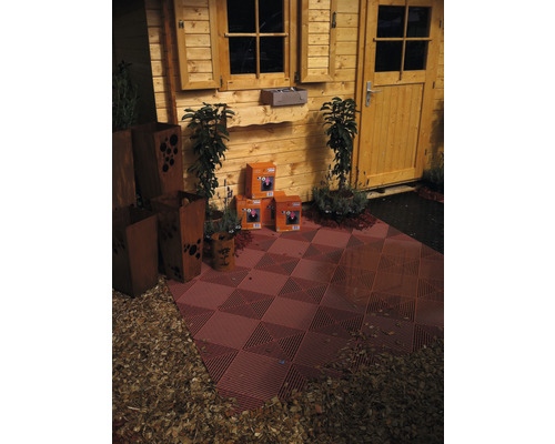 Szene mit Gartenhaus, Pflanzen, Pflastersteinen und Produktverpackungen.