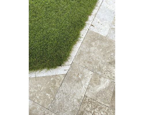 Aménagement paysager de jardin avec pelouse et dalles en pierre