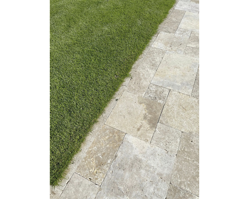 Dalles de chemin en pierre naturelle à côté d''une pelouse