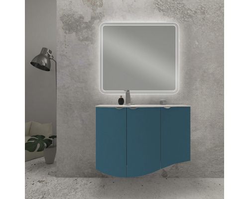 Salle de bain moderne avec meuble sous-lavabo bleu et miroir lumineux