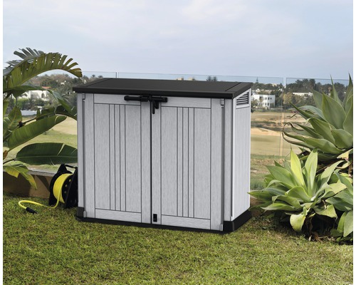 Gartenschrank aus Kunststoff mit Doppeltür zur Aufbewahrung im Außenbereich