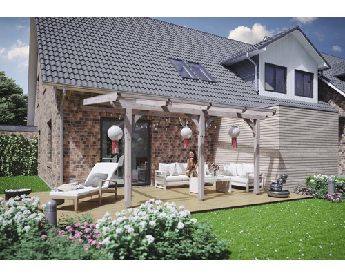 Toiture pour terrasses Rimini, 434x250 cm, pin Douglas Terrasse en bois avec pergola, mobilier de jardin et décoration devant une maison d''habitation