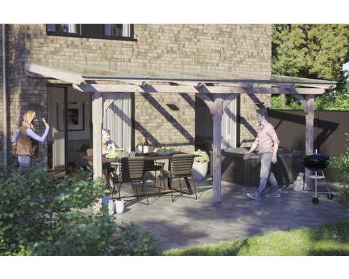 Toiture pour terrasses Rimini, 541x250 cm, pin Douglas Terrasse en bois avec coin salon, jacuzzi et barbecue